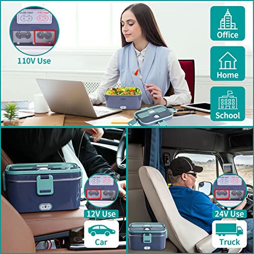 Dupasu Electric Lunch Box 60W Food Heated 12V 24V 110V Portable Food Warmer Heater For Car/Truck/Home Self Heating Box With 1.8L 304 Stainless Steel Container 0.45L Compartment (Green+Royal Blue) #TOP1