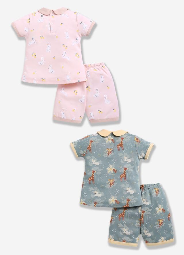 Image of Baby Girls 100% Cotton Printed Half Sleeve T-shirt & Short Summer Clothing Sets (Pack Of 2)