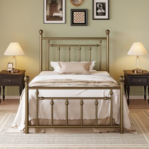 Image of SHA CERLIN 45 inch Twin Size Metal Bed Frame, Vintage Headboard, Antique Bronze