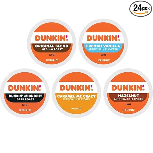 Variety Pack Sampler of Dunkin Donuts K-Cups Coffee Pods—Original, Dark, Caramel, Hazelnut & French Vanilla Coffee—for Keurig Brewers— (24 Count)