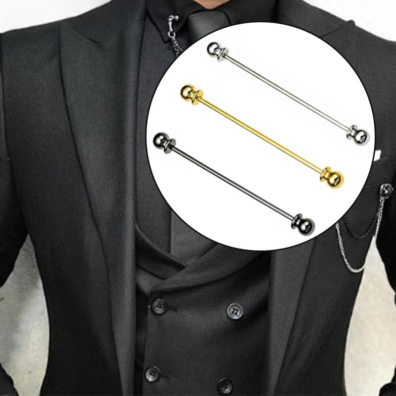 3PCS Men's Brass Ball Collar Tie Pins, Classic Shirt Collar Bar Tie Clips, for Lapel, Brooch and Formal Wear(Silver, Golden, Black)