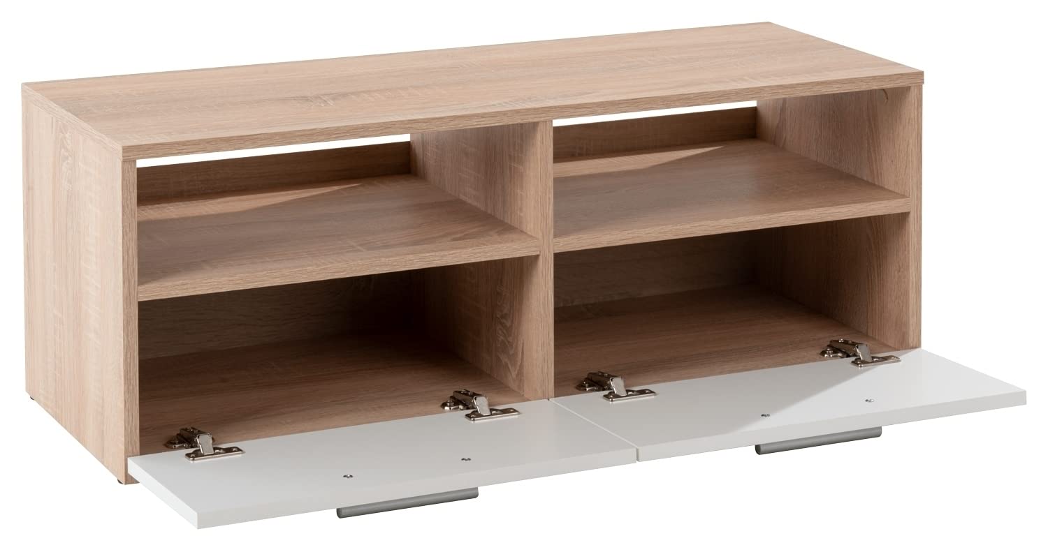 TV Lowboard Fernsehschrank Fernsehtisch Board Bank Rack | Dekor | Braun | Weiß | Holzoptik | Eiche Sonoma | 2 Fächer | 2 Klappen | BxHxT: 95x35x36 cm
