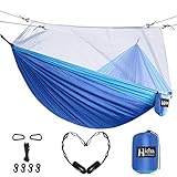 Hieha Double Camping Hammock with Mosquito Net, Portable Nylon Hiking Hammocks for Trees, Travel Outdoor Gear Camping Essential Hammock for 2 Adults(Dark Blue)