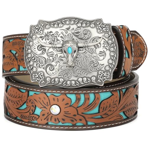 XZQTIVE Women Men Genuine Leather Vintage Western Tooled Engraved Cowboy Cowgirl Country Belt