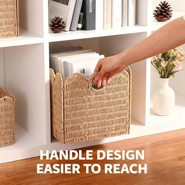 Scalloped Wicker Storage Cubes Basket, 12¡±x12¡° Heavy Duty Paper rope/Hyacinth/Seagrass Baskets for Shelves, Foldable Natural Boho Square Bins (Paper Rope, 12 x 12 x 12in, 4-Pack)