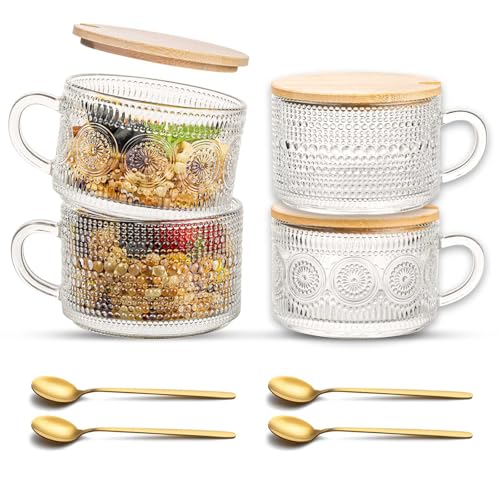 JBHO Vintage Glass 14OZ Coffee Mugs 4pcs Clear...
