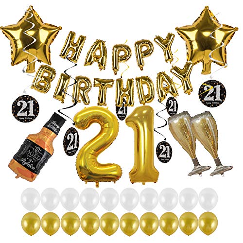 Kwayi 21st Birthday Decorations, Happy Birthday Gold Balloon Decoration Set With 21 Number Foil Balloon Large Champagne Foil and Latex Balloon Total 30PCS For Birthday Supplies