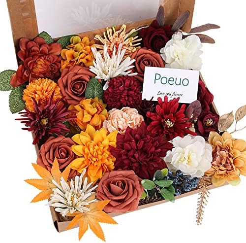 Artificial Flowers Combo Box Set Faux Flowers Bulk Flower Leaf with Stems for DIY Wedding Bouquets Centerpieces Party Fall Christams Decorations Flowers for Home Table Decorations, Burgundy Terracotta