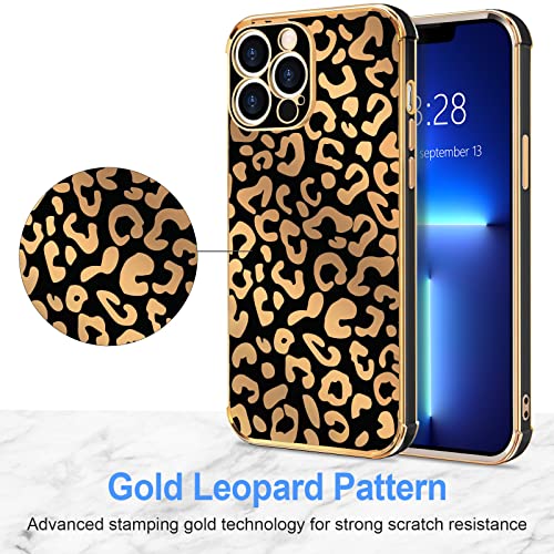 Anuck Case For Iphone 13 Pro Max Case Leopard, Gold Cheetah Print Pattern Design For Women Girls, Cute Luxury Electroplated Plating Edge Soft Tpu Bumper Shockproof Protective Phone Case Cover - Black #TOP2