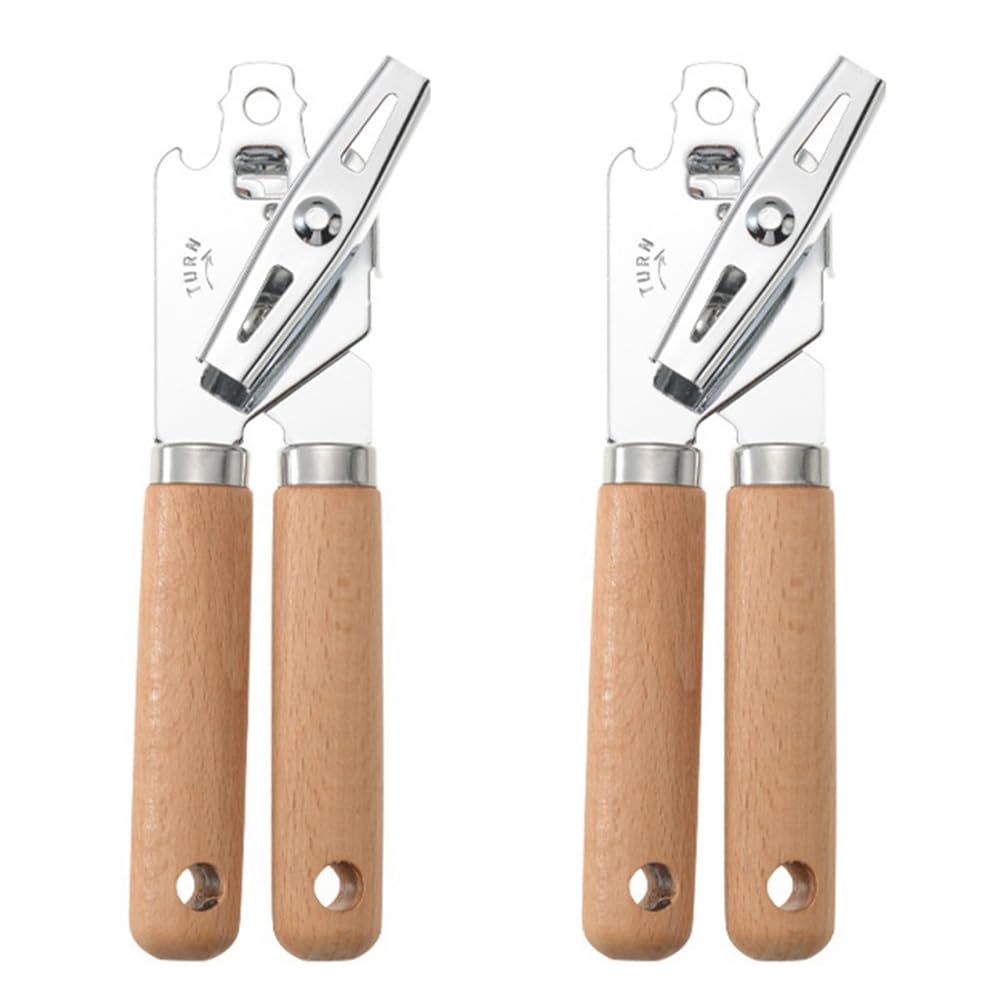 Aundhegrtt Wooden Handle Manual Can Opener- 2pcs Stainless Steel Ergonomic Design with Side Cutting Functionality