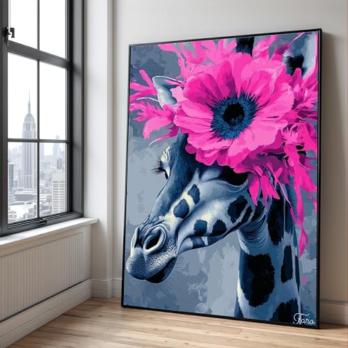 Décoration murale girafe fleurs roses 70x110 cm pour grand séjour