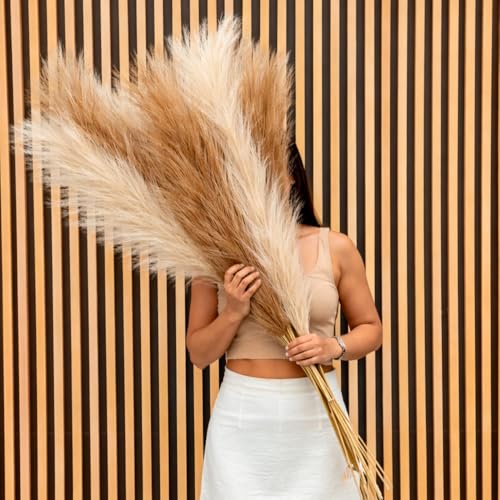 43"/3.6 ft Faux Tall 3Pcs Fluffy Large Pampas Grass Boho Decor-Floral Pompas Stems for Decoration-Feather Floor Vase Filler-Long Artificial Fake Dried Flowers for Home & Room (Beige & Brown)