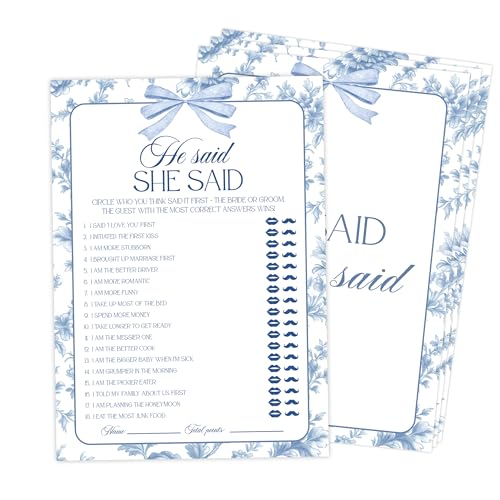 Something Blue Before I Do He Said She Said Bridal Shower Game Pack of 30 Game Cards Vintage Bridal Shower Decorations Wedding Engagement Decor Bachelorette Party Supplies - KR18