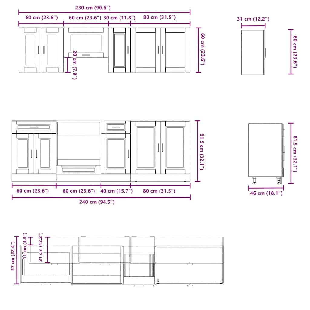 8-TLG. Küchenschrank-Set Holzwerkstoff, Küchenzeile Einbauküche, Schrank-Set, Unterschrank, Küchenschrank, Hängeschrank Altholz