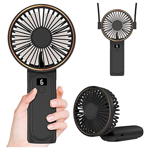 Portable Hand Fan, Mini Rechargeable Small Fan, 4000mAh Long-Lasting Battery Fan, 180° Foldable Table Fan, 6-Speed Quiet Fan with LCD Display, Lanyard Neck Fan for Travel, Makeup, Office, Home (Black)