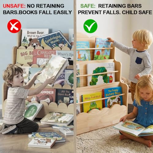 Image of Amdermi 3-Tier Scalloped Montessori Bookshelf for Kids, Solid Wood Front-Facing Toddler Bookcase, Low Children's Book Display Shelf for Nursery, Playroom, Classroom, Natura