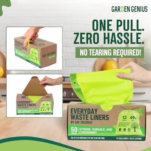 Image of Biodegradable 13-Gallon Kitchen Waste Bags (50-Pack) | Strong, Heavy-Duty Tall Trash Bags w /Drawstring | Fits Most Standard 13-Gallon (49.21 L) Cans | Eco-Friendly D2W, 30 Microns Thick, 29.5 inch x 24 inch