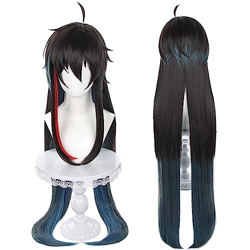 Image of Anime Black Blue mixed Red Wigs Men Long Straight Wig with Ahoge Bangs Layered Haircut Adult Game Dragon Lunae Cosplay Wigs Halloween,Christmas,Comic con,Game Show,Party