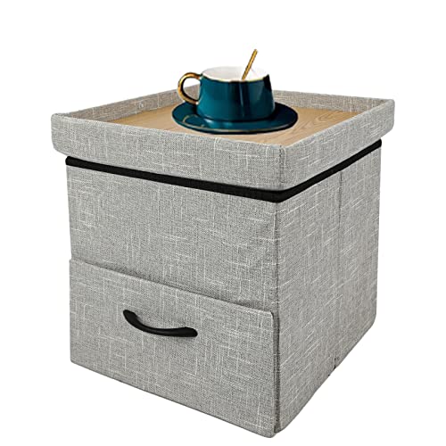 Ecomex 15 Inch Storage Ottoman Cube, Folding Square Storage Ottoman With Tray, Linen Fabric Cube Ottoman With Drawer, Small Cube Footstool For Living Room, Bedroom(Light Grey, 1 Pcs + Side Drawer) #TOP11