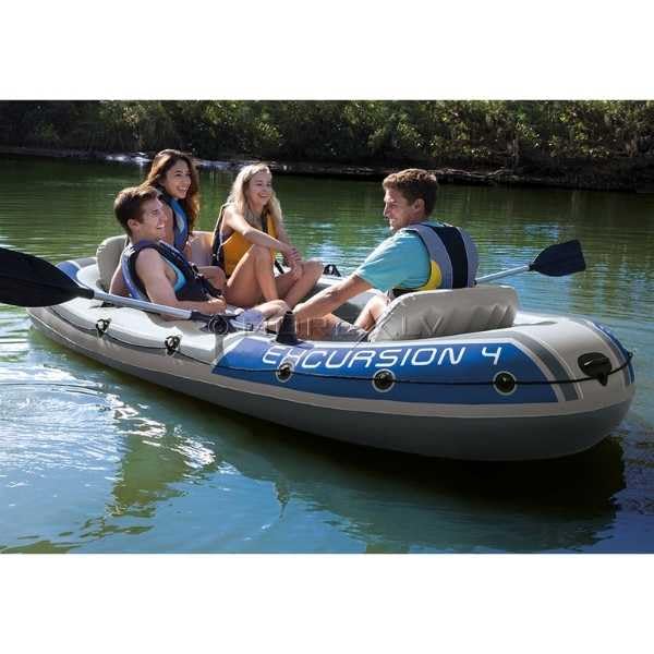Image of Exursion 4, 4 Person Inflatable Boat for Flood Rescue, Adventure, Rafting, Fishing, for Fun and Enjoyment in River with Friends and Family, Included Oars & Air Pump (68324)