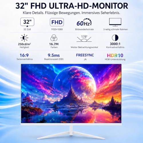 ZZA 32 Zoll Full HD Monitor, 1920 x 1080, PC-Bildschirm für Homeoffice, VA – Ansicht 2