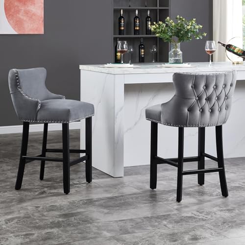 Nrizc Velvet Bar Stools Set of 2, Tufted Counter Height with Back, Upholstered Wooden Stools for Kitchen Island Dining, Cafe, Pub (Grey)