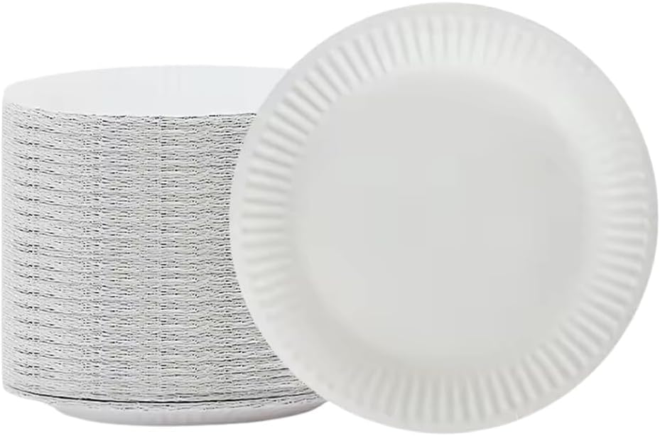 1ABOVE 100 Pack of 9-inch Disposable Paper Plates, 18cm White Paper Plates Perfect for Everyday use, Ideal for BBQ's, Parties and Events.