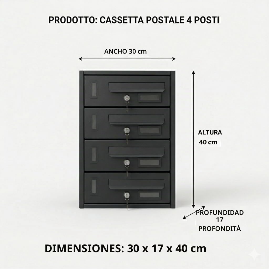 Buzón correo, buzón de pared de metal para buzón exterior o municipio de acero barnizado (4 plazas)