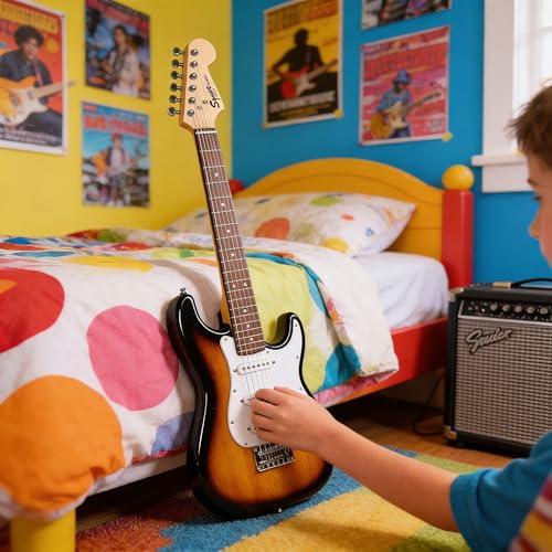 Fender Squier 3/4-Size Kids Mini Strat Electric Guitar - Brown Sunburst Bundle with Amplifier, Cable, Tuner, Strap, Picks, Online Lessons, and Austin Bazaar Instructional DVD