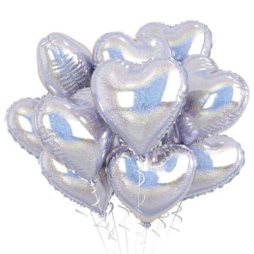 Image of Glitter Silver Foil Heart Balloons, 10PCS Silver Heart Shape Balloons, Valentines Balloons 18inch Love Foil Balloons Helium for Valentines Day, Wedding, Brithday, Baby Shower Party Decorations