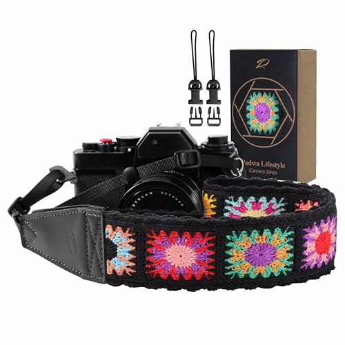Image of Padwa Lifestyle Colorful Crochet Camera Strap - 2 inch Full Grain Leather Ends Camera Straps for Photographers, Vintage Embroidered Cotton Soft Suede Fabric Padded Strap Quick Release fits All Cameras