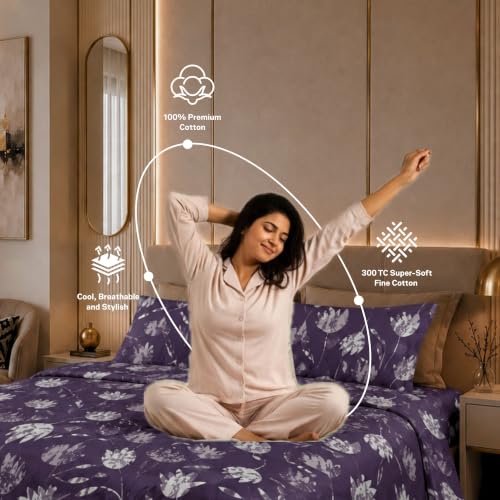 Image of Jaipur Weaves Cotton King Size Bedsheet 108x108 Super King, 100% Pure Cotton Bed Sheet with 2 Pillow Covers, 300 TC Soft Breathable Floral Design Bedding (Purple Tulips, Super King)