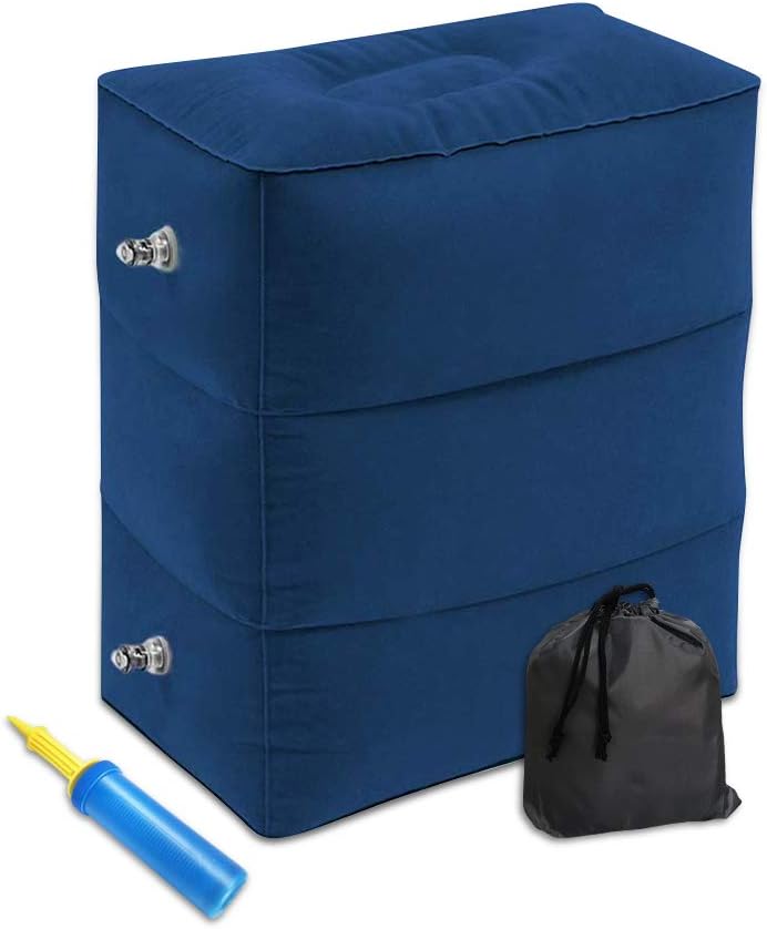 Inflatable Travel Foot Rest Pillow, Adjustable Height Footrest Leg Pillows for Sleeping Kids Airplane Bed Travel Accessories for Planes, Cars, Bus, Trains and Office, Pump and Bag (Navy Blue)