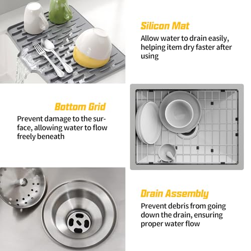 21x16In Stainless Steel Kitchen And Bar Sink - Small Undermount Single Bowl Drop In Staylish Kitchen&Bar Sink Ideal Choice For Small Space, Prep Area, RV With Bottom Grid,Soap Mat And Drain Assembly by FAUENPEEY - Image 7