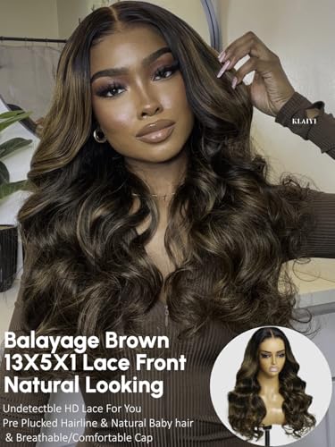 Image of KLAIYI Ombre Brown Body Wave Lace Front Wigs Human Hair Highlight Balayage 13x4x1 T Part Ear to Ear Lace Wig Pre Plucked with Baby Hair Easy to Wear and Go Wigs for Black Women Natural Hairline 20Inch