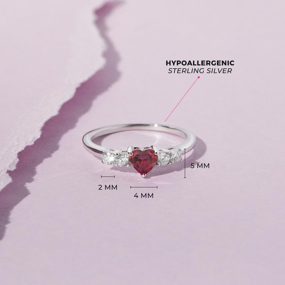 In Season Jewelry Solitaire Birthstone Heart Ring - Hypoallergenic 925 Sterling Silver Cubic Zirconia Girls Rings - Comfortable & Safe for Preteens, Teens, & Young Girls