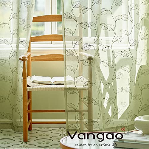 Vangao Green Leaf Sheer Curtains 84 Inches Long 2 Panels for Living Room Bedroom Floral Embroidered Rod Pocket Window Drapes
