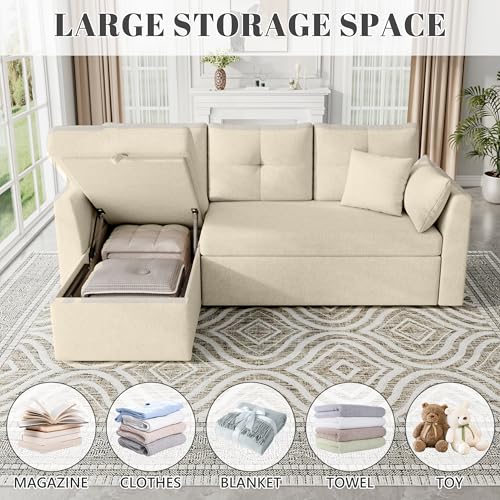 Image of Huatean Home Sleeper Sofa Couch, 2 in 1 Pullout Couch Bed with Storage Chaise, Sectional Sleeper Sofa Bed with Side Pocket for Living Room, Beige