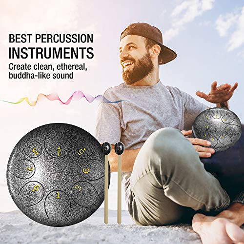 Steel Tongue Drum 8 Notes 6 inch C-Key Handpan Drums Percussion Instrument with Padded Travel Bag, Mallets, Note Stickers,for for Beginner Adult Kids -Silver