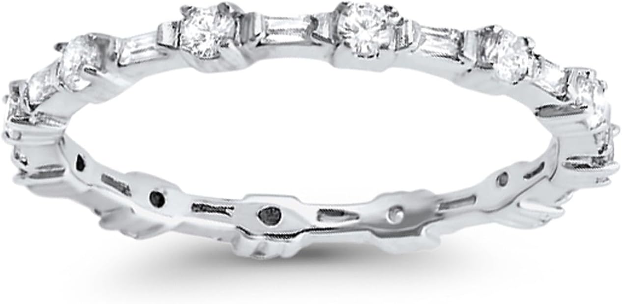 Blue Apple Co. Full Eternity Wedding Band Ring Baguette Round Cubic Zirconia 925 Sterling Silver