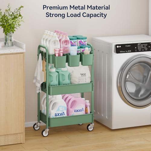 YASONIC 3-Tier Rolling Cart, Green, 66 Pounds Capacity, Mesh Storage Organizer with Lockable Wheels, 3 Hanging Cups, 4 Hooks, Easy Assembly, for Kitchen, Bathroom, Laundry, Grocery