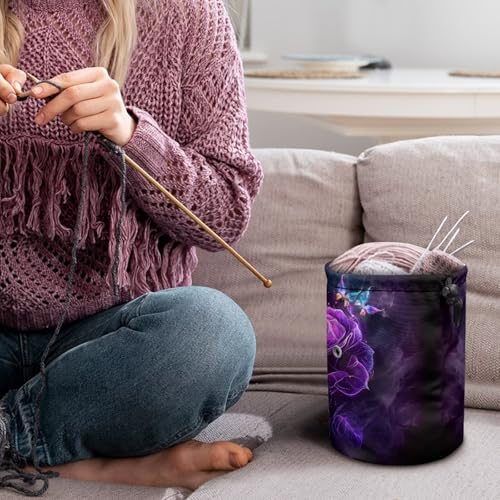 Image of Sellikakes Yarn Bag with Drawstring, Purple Rose Small Crochet Storage Organizer Knitting Bag Yarn Skein Organizer Chrochet Yarn Holder Knitting Accessories Sewing Supplies