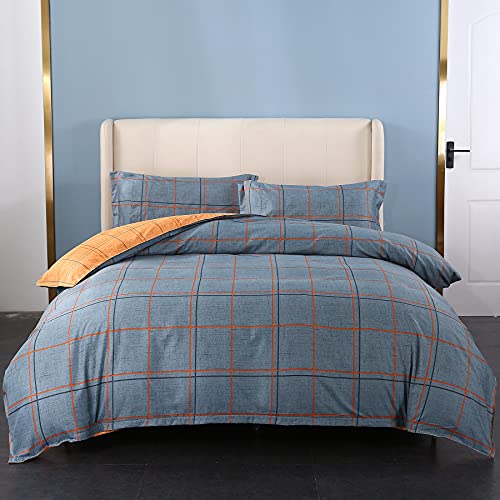 Mengersi Plaid Grid Duvet Cover Set Queen Size,Plaid Simple Reversible Bedding Set With Zipper Corner Ties(Orange Grid) #TOP1