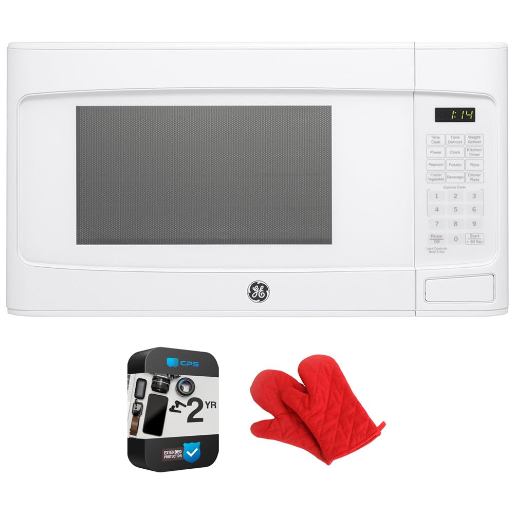 GEJES1145DLWW 1.1 Cu. Ft. Capacity Countertop Microwave Oven Bundle with 2 YR CPS Enhanced Protection Pack and Deco Chef Pair of Red Heat Resistant Oven Mitt