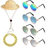6 Pieces Pet Dog Cat Costume, Pet Sunglasses and Summer Pet Straw Hat with Faux Gold Chain Collar, Classic Funny Pet Accessories for Pet Cat Puppy Small Medium Dog (Cool Style,Stylish Colors)