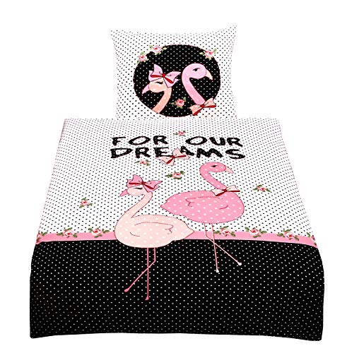 Bettwäsche 135x200 cm Microfaser Fotodruck Flamingo Pink Schwarz Weiß geblümt gestreift gepunktet