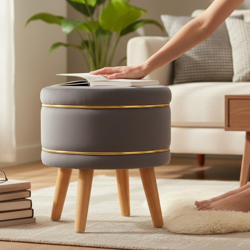 Image of Ottoman Stool for Living Room Foot Rest | Velvet Small Ottoman Foot Stool | Solid Wood Legs | Footstool Puffy for Home, Bedroom & Makeup Table | 16x16x18 Inch, Set of 2 (Grey)
