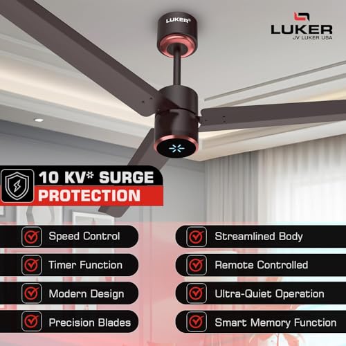 Image of LUKER JVLuker USA Aerozen Prime1200mm BLDC Ceiling Fan with IR Remote BEE 5 Star 65% Energy Saving High Air Delivery Low Noise LED Indicator Reverse Mode for Living (Baker Brown-Black-Baker Brown)