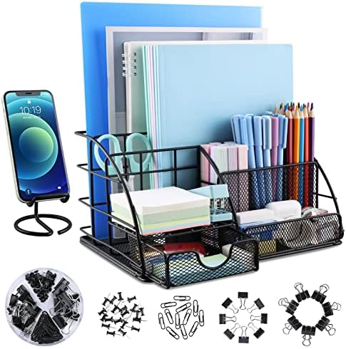 Desk Organizers and Accessories, Large Mesh Desk Organizer with Drawer, Desk Supplies, with 8 Compartments + Cell Phone Stand and 72 Accessories, for Office Supplies Storage, Home, School (Black)