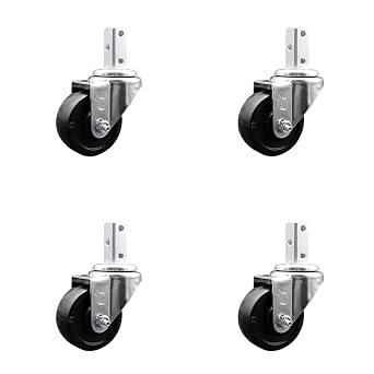 Swivel Square Stem Caster Set 4 w/3 x 1.25 Black Soft Rubber Wheel - 3/4 x 2 Square Stem with 3 17/64 Diameter Mounting Holes - Includes 4 Swivel - 700 lbs. Cpty/Caster - Service Caster Brand